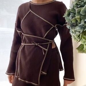 BASERANGE The Shaw Long Sleeve Wrap Top Cross Tie Belted Tactile Coffee HTF XS